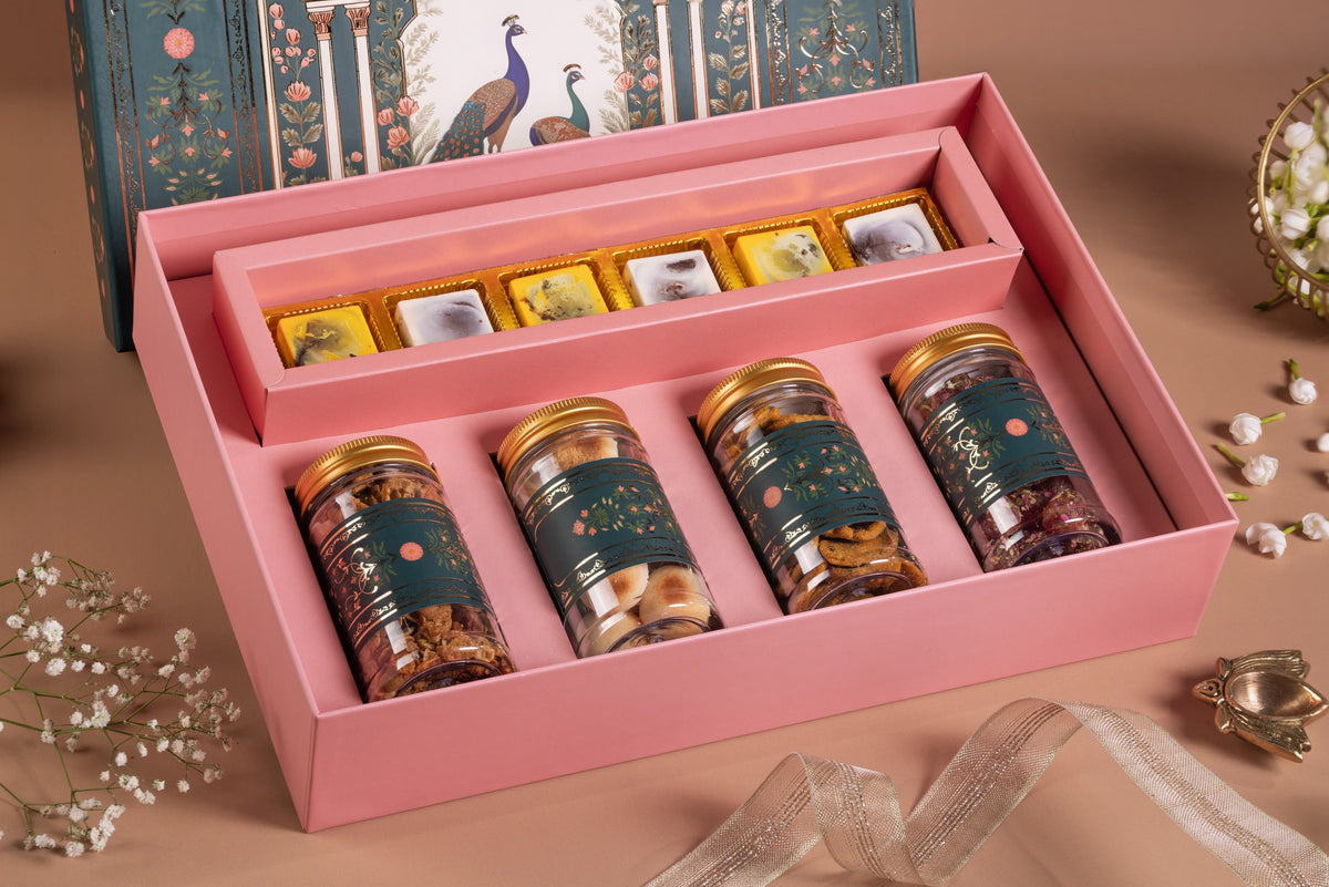 Peacock Design Diwali Gift Box with 4 Jars & 6 Compartments
