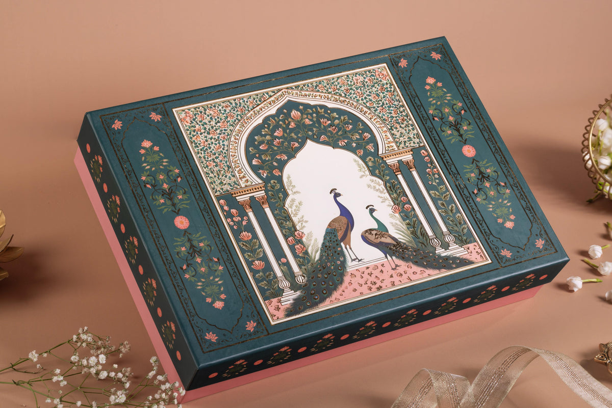 Peacock Design Diwali Gift Box with 4 Jars & 6 Compartments