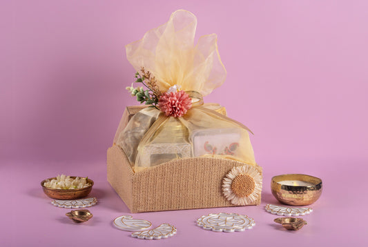 Elegant Beige Sunflower Design Diwali Gift Tray - (AKUD202605)